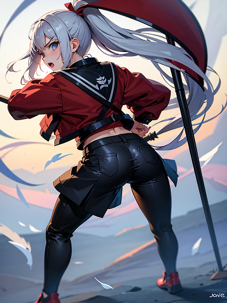 Adult girl, long white hair, high ponytail, blue eyes, angry, dove general's clothes, black trousers, spear, masterpiece, high quality