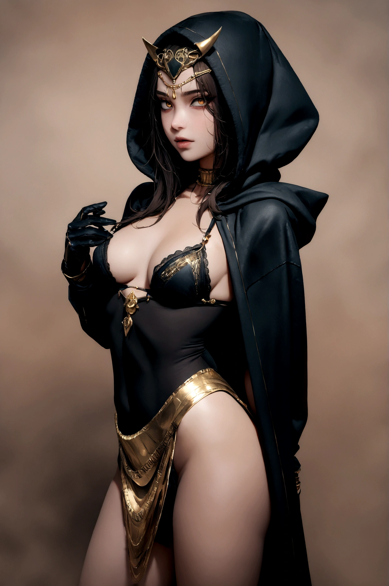(absurdities, 8k, 4k, Masterpiece, hyper extreme detailed:1.2), Alone, 1 girl, front view, portrait, Alone, standing, tanned skin, female, face mask, perfect hands, perfect anatomy, face mask, black face mask with gold accents, Perfect face, expressive eyes, gold eyes, Mysterious, wearing a face mask, Anubis, Gold and black color scheme, golden skirt, black cape with gold details, black suit with gold details, Akali, egyptian clothing, wide, messy hair, dark brown hair, tanned skin, Half body, cowboy shot, small breasts, black armor with gold details, perfect anatomy, Style ,assassin's creed human, face mask, Alone, hood, wearing hood, wearing face mask, face mask, desert background, black bra with gold details, front view, black hood with gold accents, Black gloves with gold details,