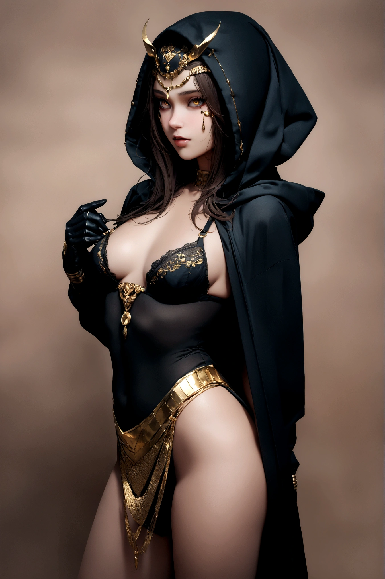 (absurdities, 8k, 4k, Masterpiece, hyper extreme detailed:1.2), Alone, 1 girl, front view, portrait, Alone, standing, tanned skin, female, face mask, perfect hands, perfect anatomy, face mask, black face mask with gold accents, Perfect face, expressive eyes, gold eyes, Mysterious, wearing a face mask, Anubis, Gold and black color scheme, golden skirt, black cape with gold details, black suit with gold details, Akali, egyptian clothing, wide, messy hair, dark brown hair, tanned skin, Half body, cowboy shot, small , black armor with gold details, perfect anatomy, Style ,assassi creed human, face mask, Alone, hood, wearing hood, wearing face mask, face mask, desert background, black bra with gold details, front view, black hood with gold accents, Black gloves with gold details,