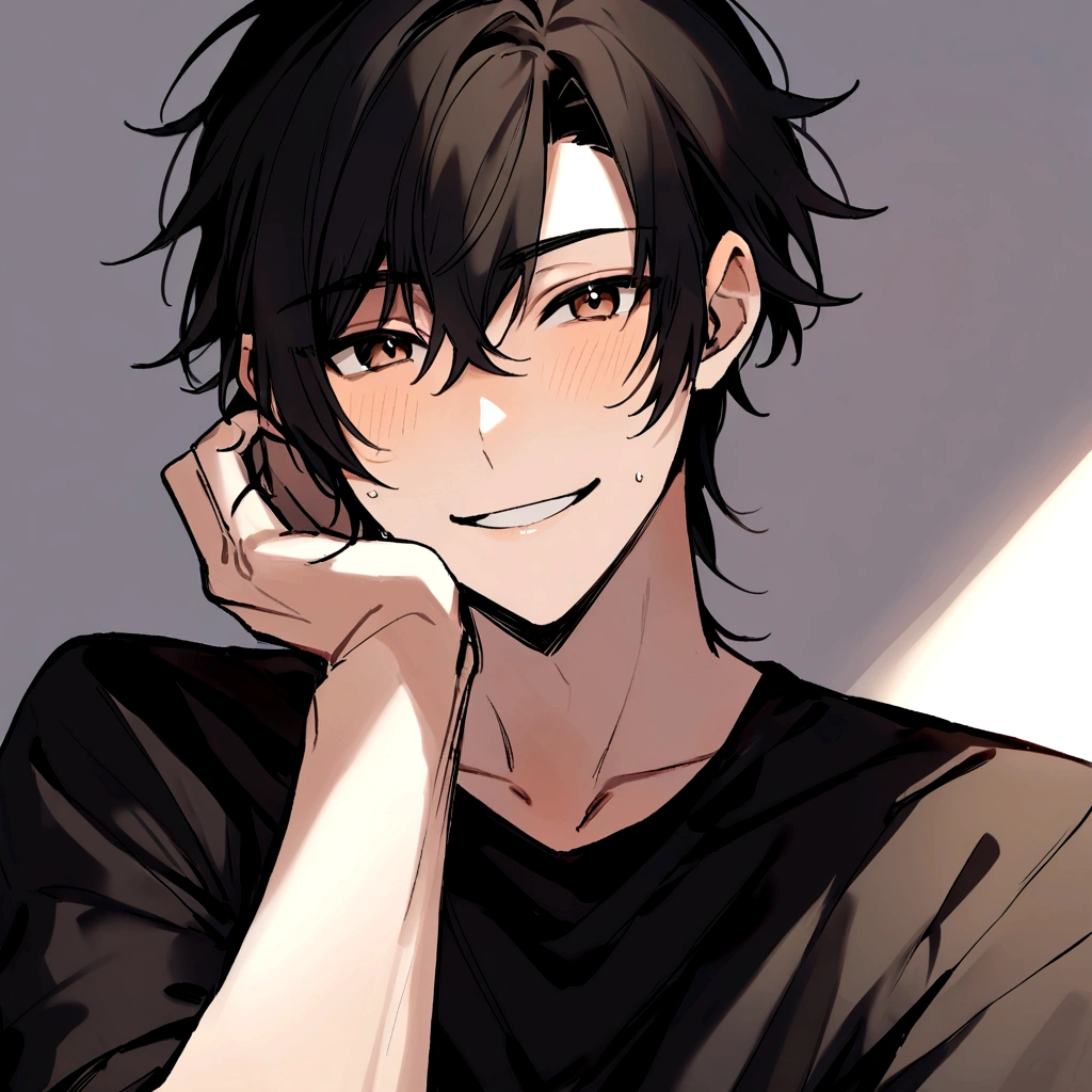 make me a male, 28 years old, black hair, face hair, brown eyes, he's smiling, black shirt