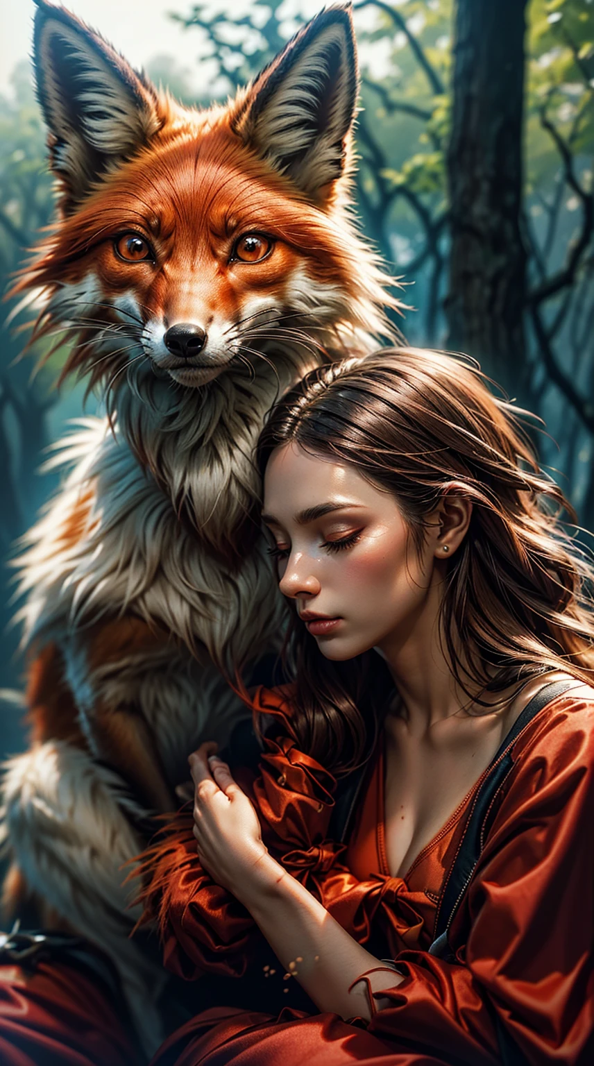 mulher com cabelo longo e vestido castanho segurando uma red fox vermelha, uma bela red fox senhora, fantasia red fox amor, Directed by: Adam Marczyński, Retrato de uma red fox antro, soft portrait shot 8 k, Directed by: Alexandre Kucharsky,  com orelhas de red fox, realistic fantasy rendering, red fox, Portrait photo, wlop and andrei riabovitchev