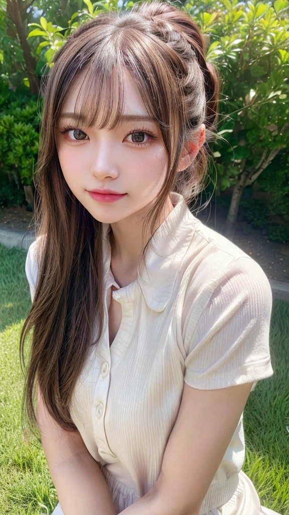 One piece with collar,outdoors,Urban Park,On the lawn,Ultra-detailed, finely detail, hight resolution, 8K Wallpaper, Perfect dynamic composition, Beautiful detailed eyes,Outdoor,Close-up of face,Outdoor,Blushing,Facing forward,,Long hair ponytail,((8k, Raw photo, Best Quality, Mastepiece:1.2), (Realism, Photorealistic:1.4), (Highly detailed 8K wallpapers), Depth of written boundary, Cinematic Lighting, Soft Light, Detailed Beauty Eye,Shiny and smooth light brown ponytail, Asymmetrical bangs, Shiny skin, Ultra-detailed skins ,It is high resolution., High detail, Detailed hairstyle, Detailed facial beauty, Hyper-realistic, Perfect limbs, Perfect Anatomy ,1 Japanese girl,Famous Japanese Idols, Perfect female body,A shy smile,Short eyelashes,Double-edged eyelids,Look straight here,Hair style: ponytail,