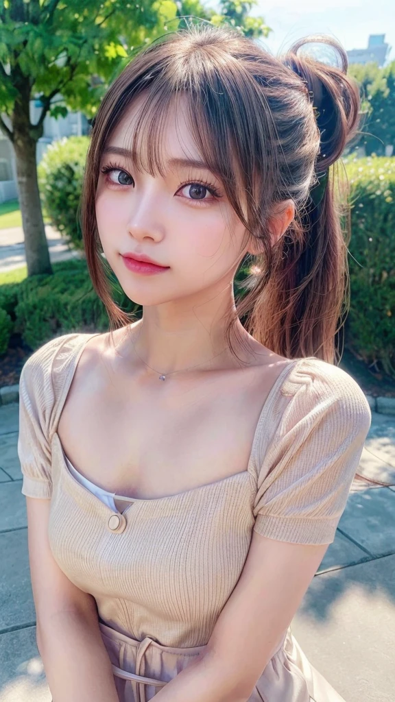 One piece with collar,outdoors,Urban Park,On the lawn,Ultra-detailed, finely detail, hight resolution, 8K Wallpaper, Perfect dynamic composition, Beautiful detailed eyes,Outdoor,Close-up of face,Outdoor,Blushing,Facing forward,,Long hair ponytail,((8k, Raw photo, Best Quality, Mastepiece:1.2), (Realism, Photorealistic:1.4), (Highly detailed 8K wallpapers), Depth of written boundary, Cinematic Lighting, Soft Light, Detailed Beauty Eye,Shiny and smooth light brown ponytail, Asymmetrical bangs, Shiny skin, Ultra-detailed skins ,It is high resolution., High detail, Detailed hairstyle, Detailed facial beauty, Hyper-realistic, Perfect limbs, Perfect Anatomy ,1 Japanese girl,Famous Japanese Idols, Perfect female body,A shy smile,Short eyelashes,Double-edged eyelids,Look straight here,Hair style: ponytail,