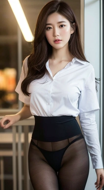 ((best quality, 8K, masterpiece :1.3)), whole body, sharp focus :1.2, beautiful woman,Perfect body :1.4, Slender abs :1.2, ((Dark brown hair, Large Breasts :1.2)), tights :1.1, (City night scene, modern balcony :1.1), Highly detailed face and skin textures, delicate eyes, double eyelids, Small bust, OL, office Wear, White T-shirt, Baogou, (Black tights), (No panties), Interior scene, office