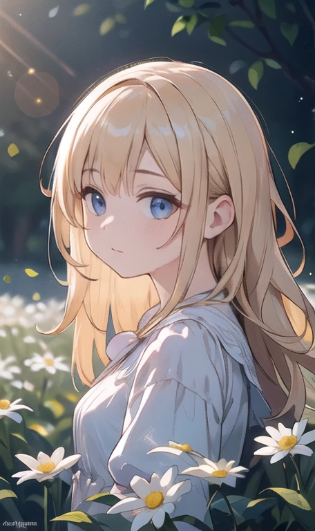 1 girl in a field of flowers, white flower, looking at the viewer, blue eyes, blonde hair, daisy, long hair, pure white dress, best quality, 4k, 8k, highres, masterpiece:1.2, ultra-detailed, realistic, photorealistic, photo-realistic:1.37, HDR, UHD, studio lighting, ultra-fine painting, sharp focus, physically-based rendering, extreme detail description, professional, vivid colors, bokeh, portrait, fantasy, cinematic lighting, natural lighting, soft focus, ethereal, serene, tranquil, dreamy