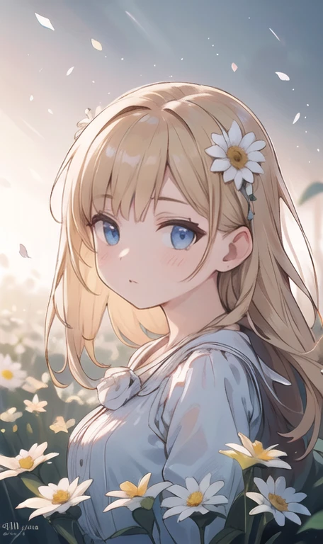1 girl in a field of flowers, white flower, looking at the viewer, blue eyes, blonde hair, daisy, long hair, pure white dress, best quality, 4k, 8k, highres, masterpiece:1.2, ultra-detailed, realistic, photorealistic, photo-realistic:1.37, HDR, UHD, studio lighting, ultra-fine painting, sharp focus, physically-based rendering, extreme detail description, professional, vivid colors, bokeh, portrait, fantasy, cinematic lighting, natural lighting, soft focus, ethereal, serene, tranquil, dreamy