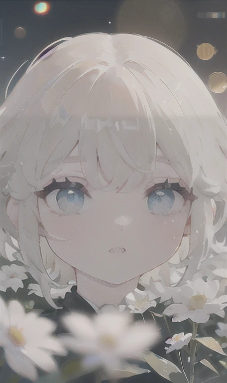 1 girl in a field of flowers, white flower, looking at the viewer, blue eyes, blonde hair, daisy, long hair, pure white dress, best quality, 4k, 8k, highres, masterpiece:1.2, ultra-detailed, realistic, photorealistic, photo-realistic:1.37, HDR, UHD, studio lighting, ultra-fine painting, sharp focus, physically-based rendering, extreme detail description, professional, vivid colors, bokeh, portrait, fantasy, cinematic lighting, natural lighting, soft focus, ethereal, serene, tranquil, dreamy