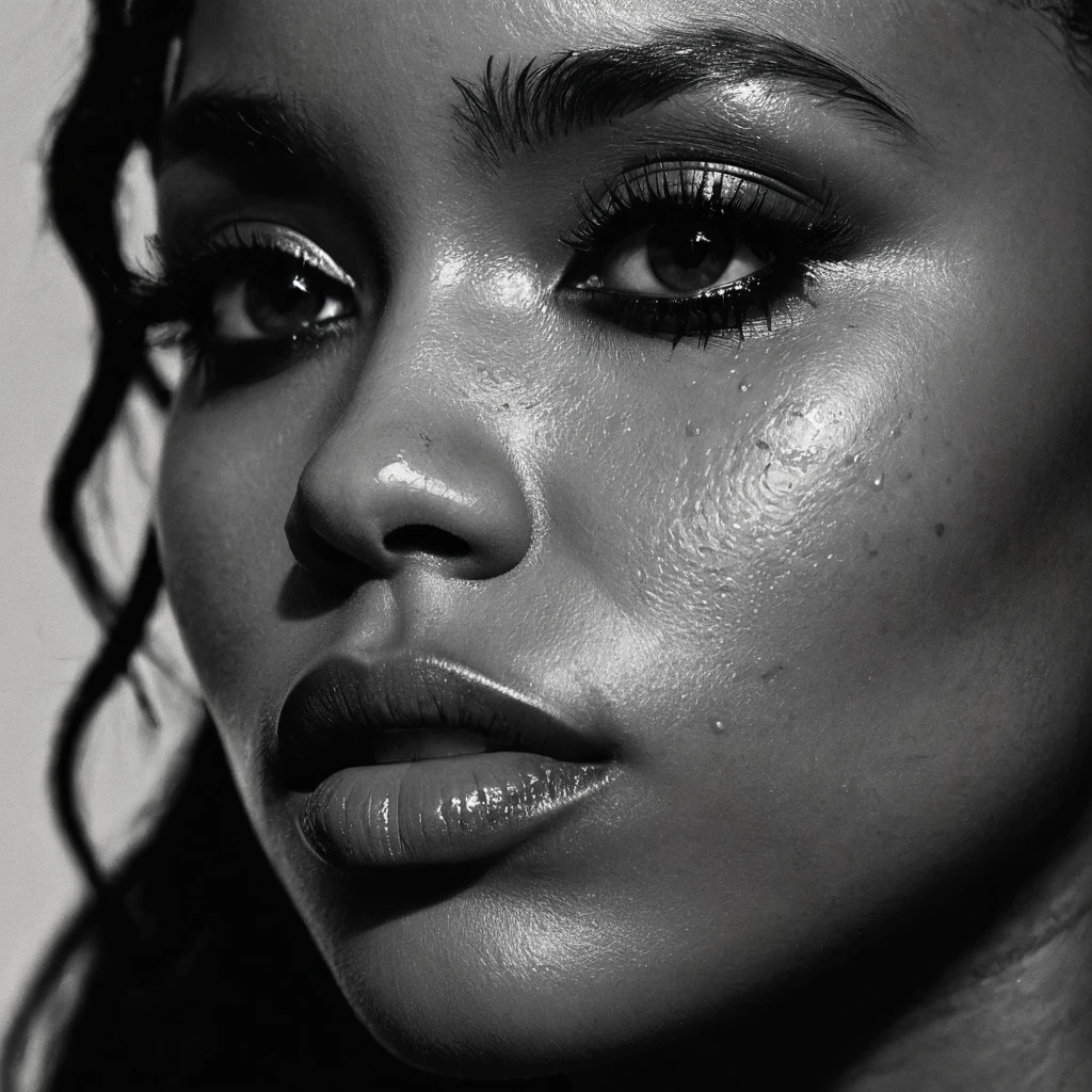 close up and zoomed in on a beautiful depressed emotional sad black girl with a single teardrop running down her face from her eye, noir photorealism, mysterious portrait of a woman, chiaroscuro portrait, close up on side profile, tinashe, zoe kravitz, zoomed in on tear drop, euphoria vibes, tears, crying, black and white, dark