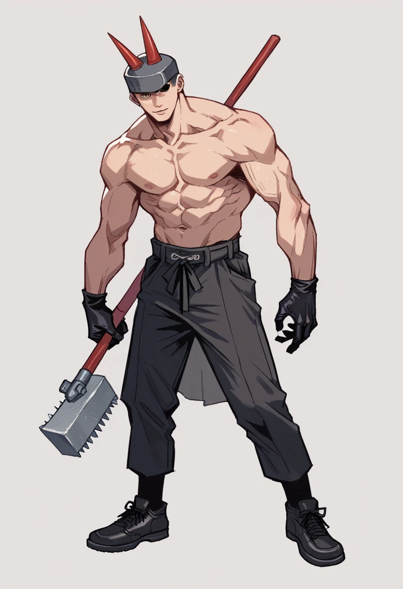 A demon from the anime Chainsaw Man, It has a hybrid hammer head, Warhammer Head, he has a gray muscular body, wearing no shirt, fully body, black hands, and look fierce, Human lips, bonitas, handsome, simple background.