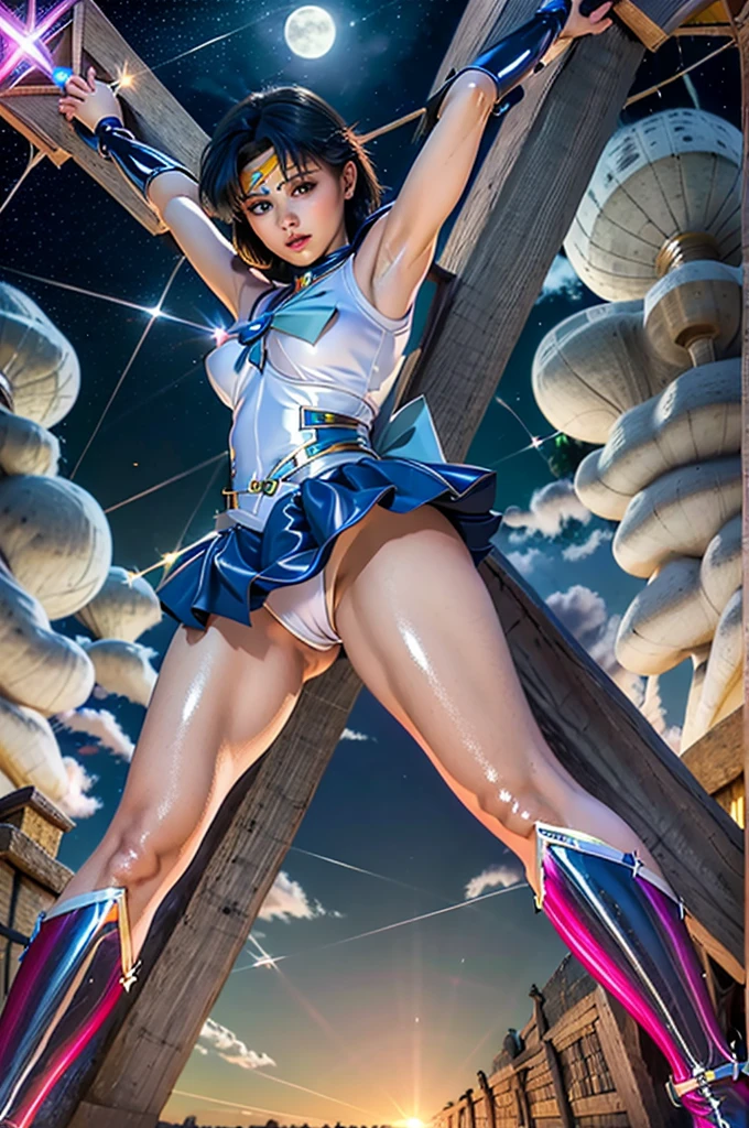 masterpiece, Highest quality, 超A high resolution, (Realistic)、RAW Photos,(every time :1.2), Octane Rendering, Surreal:1.1, Mature Woman, (36 years old), Plump face:1.2, sexy, Highest quality, Very detailed,Very accurate, One Woman, ((Wearing a Sailor Mercury costume, X-shaped crucifixionに, Being restrained)), ((X-shaped crucifixion)), ((Stainless steel X-shaped cross stand, Geometric decoration)), (Detailed Sailor Mercury suit), ((Blue sailor collar, Mini pleated skirt in blue, Exposed thighs, Blue boots, Stiletto heels, Long gloves, choker, tiara)), (((Shiny latex costume))), Bright blue hair:1.3, Big eyes:1.2, eye make up:1.2, Large Breasts:1.1, Detailed eyes:1.4, Looking at the viewer:1.2, Night Sky, Big full moon, Nebula Sky, Pink and purple nebula,