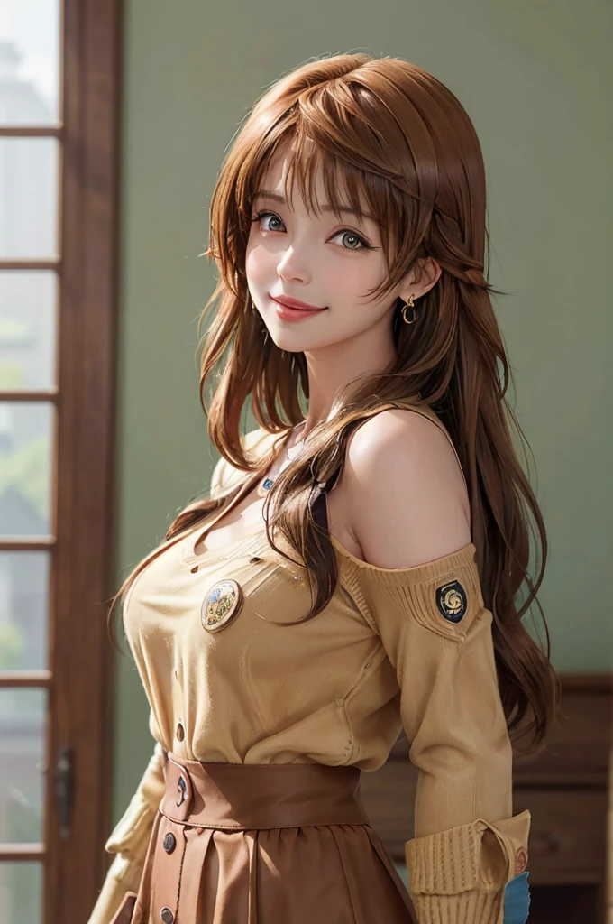 1girl, solo, long_hair, looking_at_viewer, brown_hair, hat, photoshop_(medium), shirt, long_sleeves, original, brown_eyes, jewelry, pantyhose, earrings, indoors, sweater, lips, leaning_forward, realistic, badge, real_life, button_badge, smiley_face