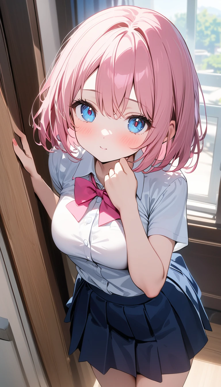 (1 girl),(Best Picture Quality, 8K, Masterpiece:1.3), (high school student:1.5), (pink lob hair), ((bob cut)), (blunt bangs), (slant skyblue eyes), ((school uniform, white short simple sleeve shirt, darkblue skirt, pink tie)), (super clear:1.5), (glistening skin:1.1),(pale skin:1.1),(yellow Heart hairclip)