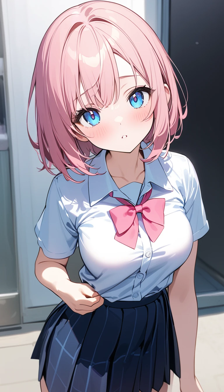 (1 girl),(Best Picture Quality, 8K, Masterpiece:1.3), (high school student:1.5), (pink lob hair:1.1), (bob cut), (cute eyes, pupil brown, iris skyblue, youthful face), ((school uniform, white short simple sleeve shirt, darkblue skirt, pink ribbon)), (super clear:1.5), (glistening skin:1.1),(pale skin:1.2), (standard weight), (medium breasts), (close up face).