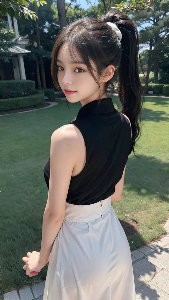 collared dress,European park,On the lawn,One woman,masutepiece, The highest image quality, High quality, the background is clear,Beautiful woman, Japanese,Ultra-detailed, finely detail, hight resolution, 8K Wallpaper, Perfect dynamic composition, Beautiful detailed eyes , Detailed, Detailed eyes, Detailed skin, Beautiful skin, 超hight resolution, (reality: 1.4),Very beautiful woman, Slightly younger face, Beautiful skin, slender, (Ultra photo realsisim), (hight resolution), (8K), (Very detailed) (beautifully detailed eyes), (super detailed), (Detailed face), view the viewer, Fine details, Detailed face, Staring straight ahead, Staring straight ahead, photos realistic, Bright lighting, Professional Lighting, Black hair,poneyTail,a baby face,sixteen years old,Hairstyle: ponytail,Long ponytail hairstyle,slight smile,neat and tidy clothing,Beautiful Japanese KPOP idol photo, hair style is ponytail, my eyes are double and wide, baby face, smile and look straight ahead, slender, small breasts,Close up face,