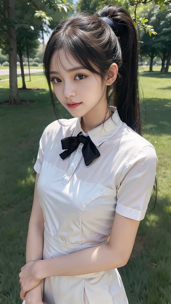 collared dress,European park,On the lawn,One woman,masutepiece, The highest image quality, High quality, the background is clear,Beautiful woman, Japanese,Ultra-detailed, finely detail, hight resolution, 8K Wallpaper, Perfect dynamic composition, Beautiful detailed eyes , Detailed, Detailed eyes, Detailed skin, Beautiful skin, 超hight resolution, (reality: 1.4),Very beautiful woman, Slightly younger face, Beautiful skin, slender, (Ultra photo realsisim), (hight resolution), (8K), (Very detailed) (beautifully detailed eyes), (super detailed), (Detailed face), view the viewer, Fine details, Detailed face, Staring straight ahead, Staring straight ahead, photos realistic, Bright lighting, Professional Lighting, Black hair,poneyTail,a baby face,sixteen years old,Hairstyle: ponytail,Long ponytail hairstyle,slight smile,neat and tidy clothing,Beautiful Japanese KPOP idol photo, hair style is ponytail, my eyes are double and wide, baby face, smile and look straight ahead, slender, small breasts,Close up face,