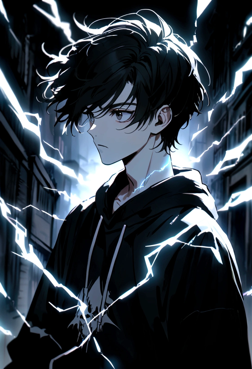 Man Long black hair black and white sweatshirt with electricity on his body