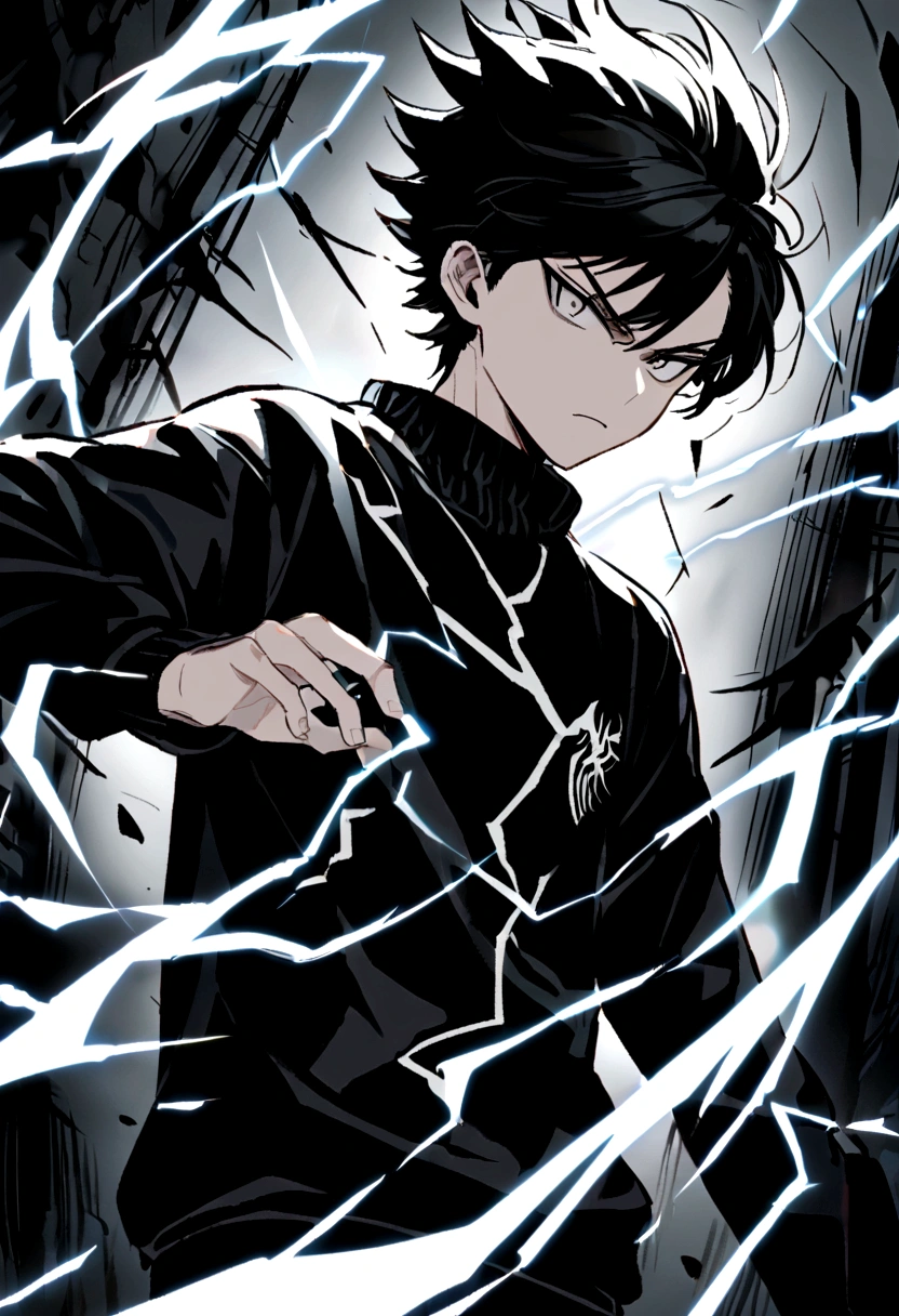 Man 17 years old Long black hair black and white sweatshirt with electricity on his body