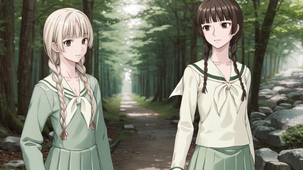 16 years old, masterpiece, Highest quality, High resolution, aayoshino, Slender figure, Sickly, White Rose, Long Hair, Twin Blade, Brown eyes, Hair that falls over the shoulders, , Sailor collar, neckerchief, Green Shirt, One piece sailor shirt, Long sleeve, Green Skirt, Long skirt, Are standing, Cowboy Shot, Outdoor, White Rose庭園, Person on the right, Shining Face