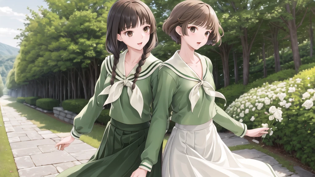 16 years old, masterpiece, Highest quality, High resolution, aayoshino, Slender figure, Sickly, White Rose, Long Hair, Twin Blade, Brown eyes, Hair that falls over the shoulders, , Sailor collar, neckerchief, Green Shirt, One piece sailor shirt, Long sleeve, Green Skirt, Long skirt, Are standing, Cowboy Shot, Outdoor, White Rose庭園, Person on the right, Shining Face