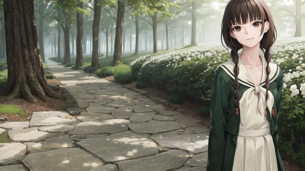 16 years old, masterpiece, Highest quality, High resolution, aayoshino, Slender figure, Sickly, White Rose, Long Hair, Twin Blade, Brown eyes, Hair that falls over the shoulders, , Sailor collar, neckerchief, Green Shirt, One piece sailor shirt, Long sleeve, Green Skirt, Long skirt, Are standing, Cowboy Shot, Outdoor, White Rose庭園, Person on the right, Shining Face