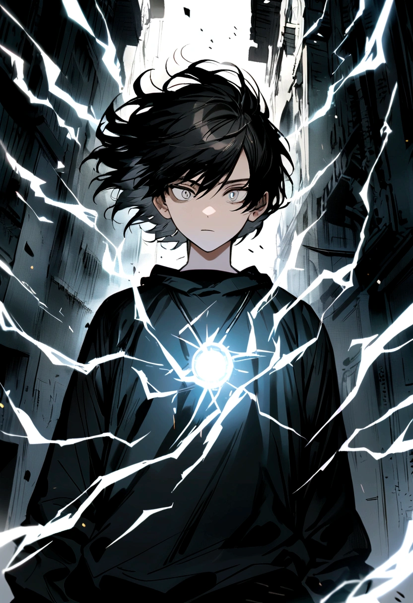 Man 17 years old Long black hair black and white sweatshirt with electricity on his body