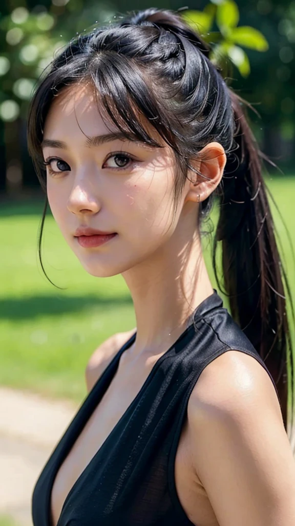 dress,outdoors,Urban Park,On the lawn,One woman,close up face,fully body photo,masutepiece, The highest image quality, High quality, the background is clear,Beautiful woman, Japanese, Detailed, Ultra-detailed, finely detail, hight resolution, 8K Wallpaper, Perfect dynamic composition, Beautiful detailed eyes ,Detailed eyes, Detailed skin, Beautiful skin, 超hight resolution, (reality: 1.4),Very beautiful woman, Slightly younger face, Beautiful skin, slender, (Ultra photo realsisim), (hight resolution), (8K), (Very detailed) (beautifully detailed eyes), (super detailed), (Detailed face), view the viewer, Fine details, Detailed face, Staring straight ahead, Staring straight ahead, photos realistic, Bright lighting, Professional Lighting, Black hair,poneyTail,a baby face,sixteen years old,Hairstyle: ponytail,Long ponytail hairstyle,slight smile,