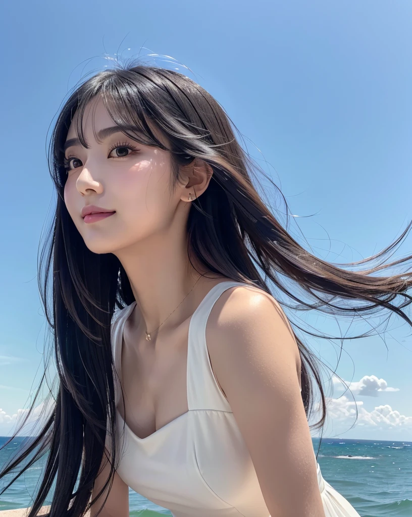 Arad woman with long black hair standing in the water, gorgeous chinese models, queen of the sea mu yanling, dilraba dilmurat, With long hair, long windblown black hair, With long black hair, long  white hair, with long dark hair, ses cheveux sont blancs, long hair windy, She has black hair