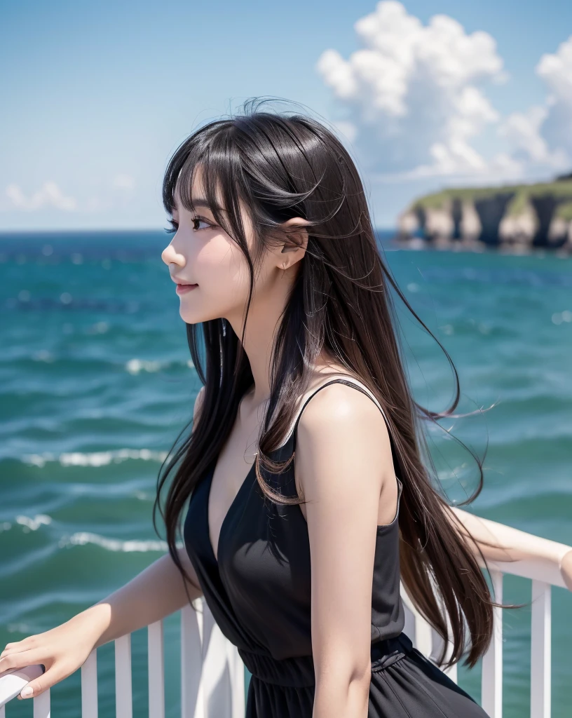 (Highest quality, 32k, High resolution, Masterpiece:1.5, ), marimo_jet, god々A photograph with brilliant brilliance and the power of nature., Expressing emotions, Have a rich imagination, Beautiful Japanese Girls, An exceptionally beautiful face, Small Face Beauty, ((Profile gazing at the horizon:1.3)), Perfect Human Anatomy, Magical big eyes, Motherhood and generosity, Deep Love, fleeting smile, Shiny black hair, Beautiful super long hair swaying in the wind, Asymmetrical bangs, Hair between the eyes, Transparent, soft white skin, Sharp eyebrows, Thin lashes, Natural Makeup, Cheek highlighter, Pale pink detailed lips, (High-quality black dress:1.3), ((High resolutionの美しい太もも, Beautiful legs), ((The land stretches to the distant horizon:1.5)), ((Gazing at the horizon from the ledge:1.3)), Beautifully detailed skies, Professional Photographer, Professional Lighting, Professional Model