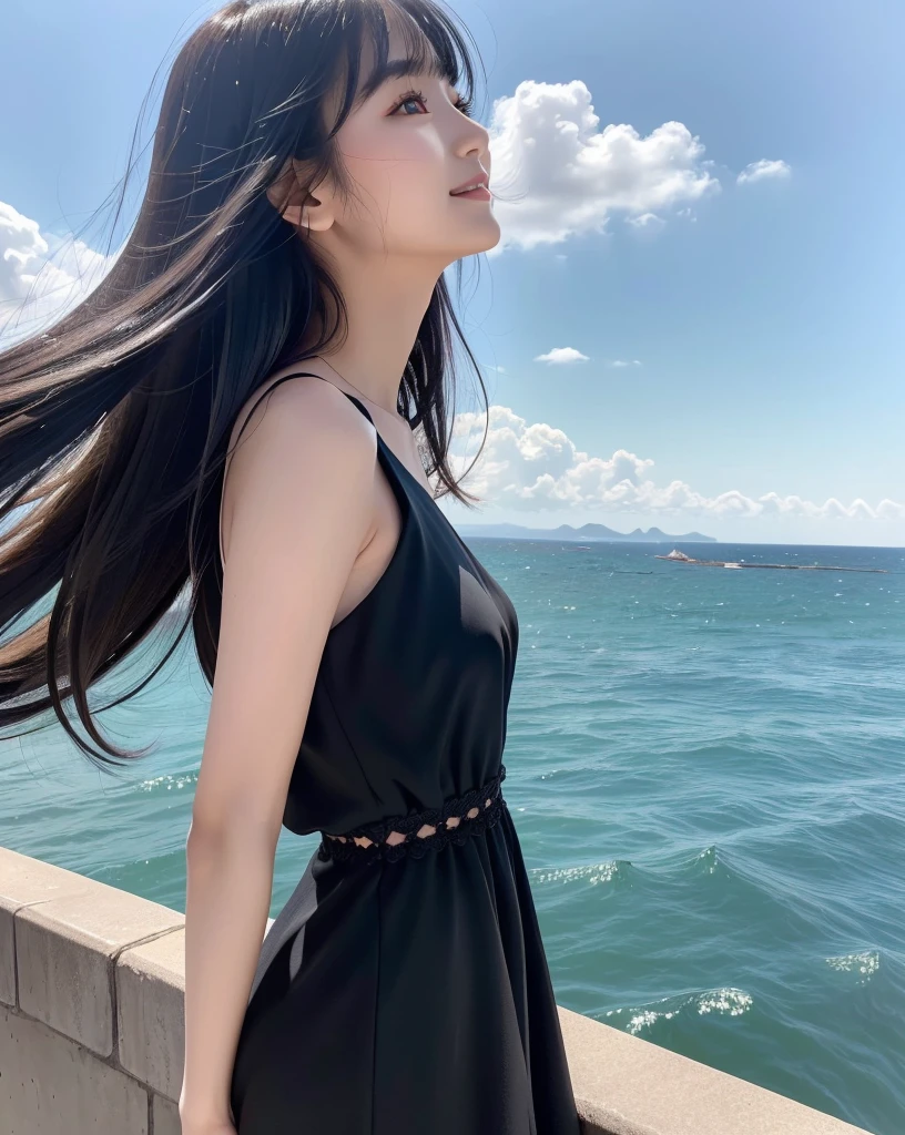 (Highest quality, 32k, High resolution, Masterpiece:1.5, ), marimo_jet, god々A photograph with brilliant brilliance and the power of nature., Expressing emotions, Have a rich imagination, Beautiful Japanese Girls, An exceptionally beautiful face, Small Face Beauty, ((Profile gazing at the horizon:1.3)), Perfect Human Anatomy, Magical big eyes, Motherhood and generosity, Deep Love, fleeting smile, Shiny black hair, Beautiful super long hair swaying in the wind, Asymmetrical bangs, Hair between the eyes, Transparent, soft white skin, Sharp eyebrows, Thin lashes, Natural Makeup, Cheek highlighter, Pale pink detailed lips, (High-quality black dress:1.3), ((High resolutionの美しい太もも, Beautiful legs), ((The land stretches to the distant horizon:1.5)), ((Gazing at the horizon from the ledge:1.3)), Beautifully detailed skies, Professional Photographer, Professional Lighting, Professional Model