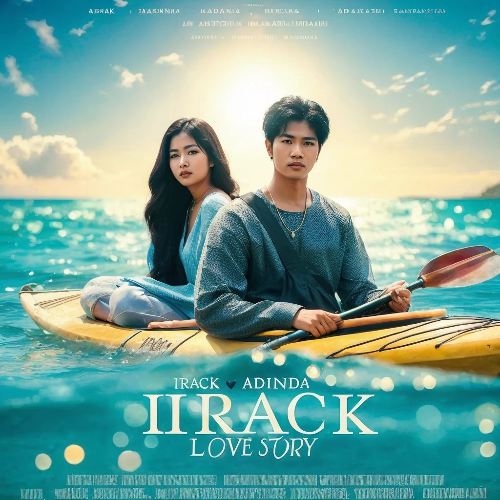 A handsome Indonesian man and a woman they think are sitting together. Bright beach background, it says IRAQ ADINDA, and other writings. Irack love story