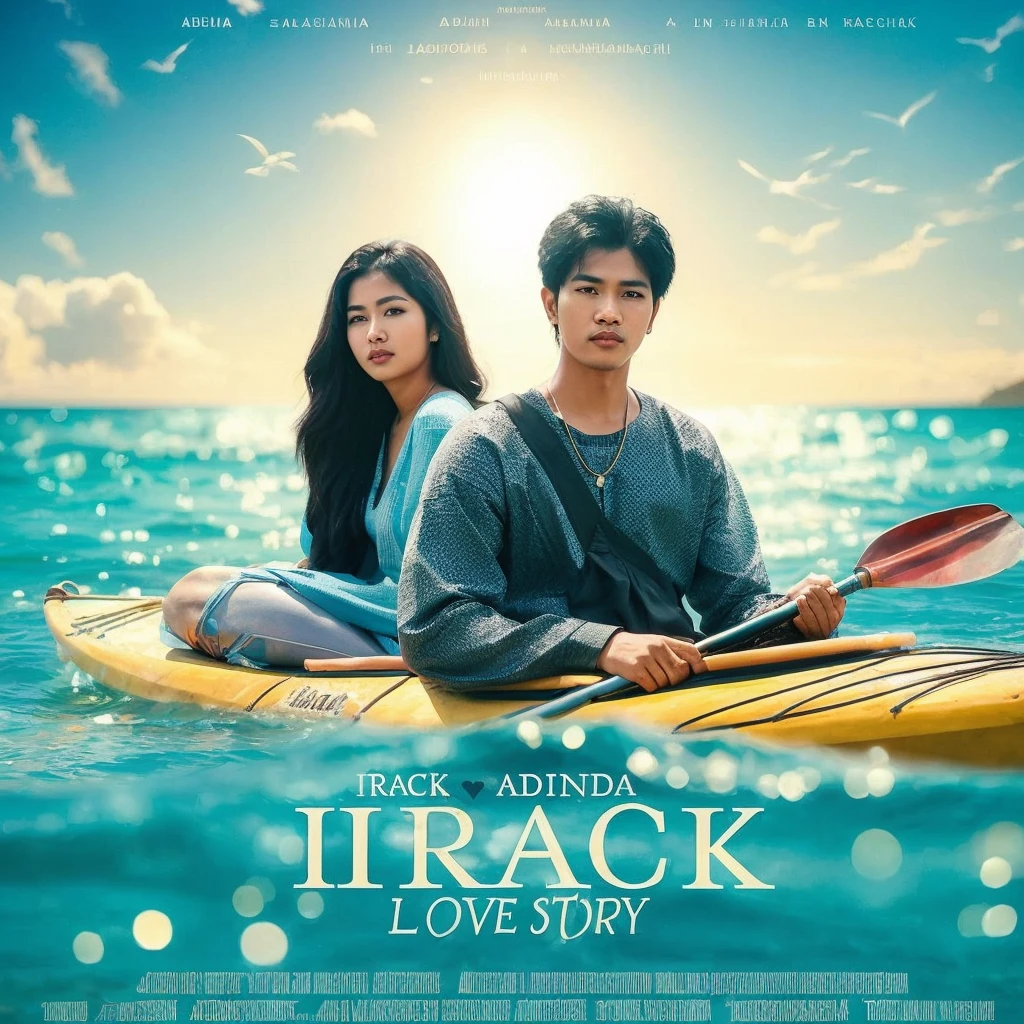 A handsome Indonesian man and a woman they think are sitting together. Bright beach background, it says IRAQ ADINDA, and other writings. Irack love story