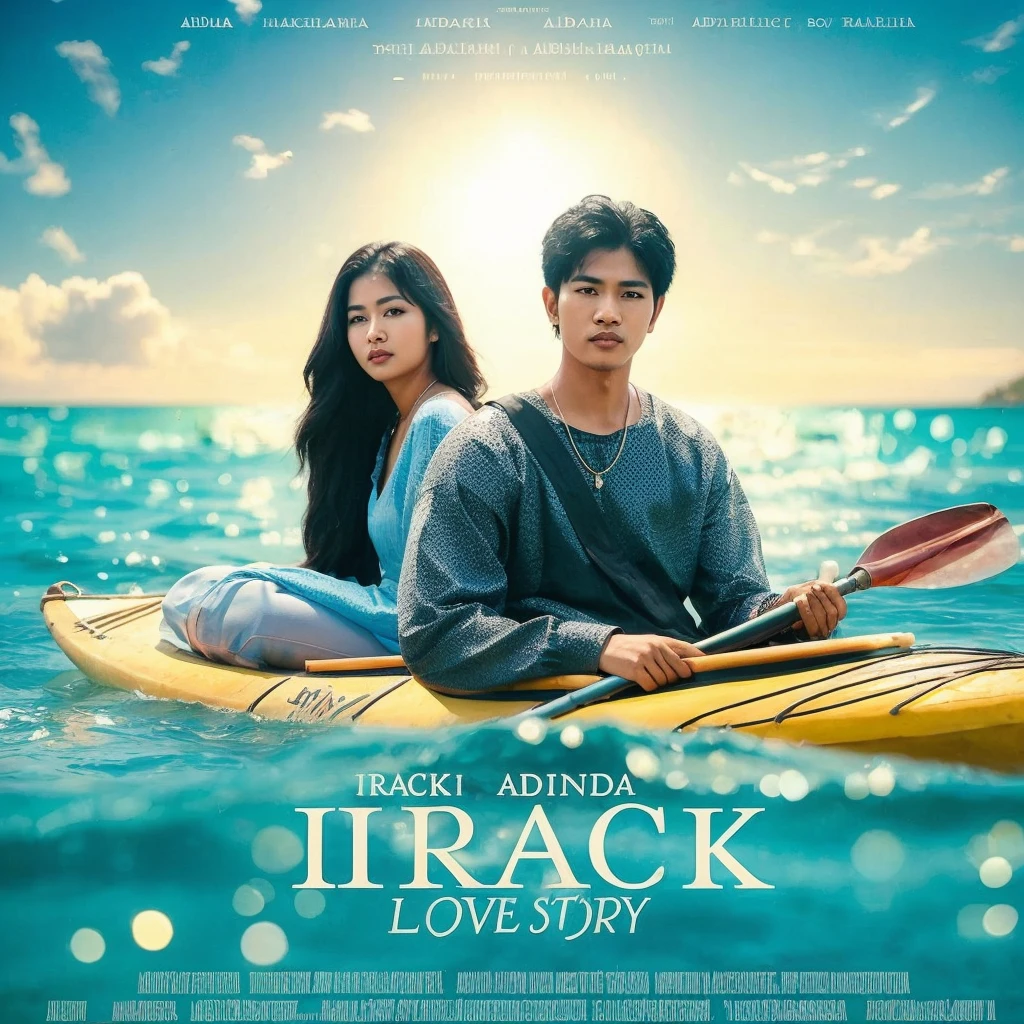 A handsome Indonesian man and a woman they think are sitting together. Bright beach background, it says IRAQ ADINDA, and other writings. Irack love story