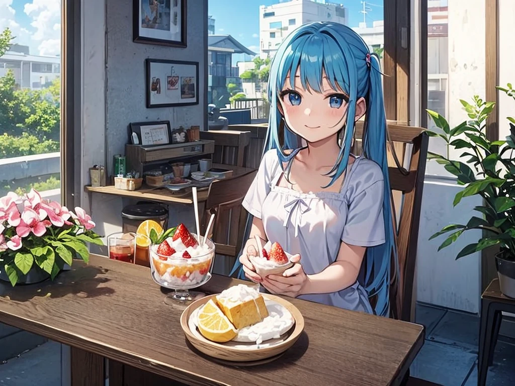 Seaside Cafe、Light blue long hair、Beautiful girl with twin tails、Eating strawberry shaved ice with relish、A cafe decorated with lots of orchid flowers、Beautiful girl with a bright smile