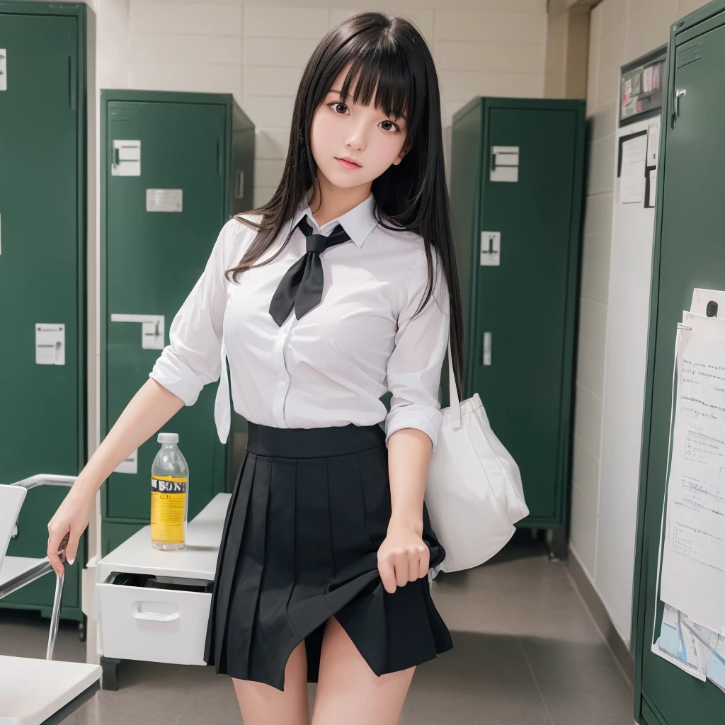 (Highest quality:1.5), (High resolution:1.5), (Real:1.5), One girl, (), Black Hair, bangs, (Small breasts), School locker room, (blouse), (skirt), Changing clothes,Are standing