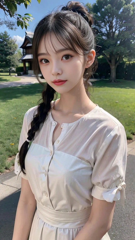 collared dress,European park,On the lawn,One woman,masutepiece, The highest image quality, High quality, the background is clear,Beautiful woman, Japanese,Ultra-detailed, finely detail, hight resolution, 8K Wallpaper, Perfect dynamic composition, Beautiful detailed eyes , Detailed, Detailed eyes, Detailed skin, Beautiful skin, 超hight resolution, (reality: 1.4),Very beautiful woman, Slightly younger face, Beautiful skin, slender, (Ultra photo realsisim), (hight resolution), (8K), (Very detailed) (beautifully detailed eyes), (super detailed), (Detailed face), view the viewer, Fine details, Detailed face, Staring straight ahead, Staring straight ahead, photos realistic, Bright lighting, Professional Lighting, Black hair,poneyTail,a baby face,sixteen years old,Hairstyle: ponytail,Long ponytail hairstyle,slight smile,neat and tidy clothing,Beautiful Japanese KPOP idol photo, hair style is ponytail, my eyes are double and wide, baby face, smile and look straight ahead, slender, small breasts,Close up face,