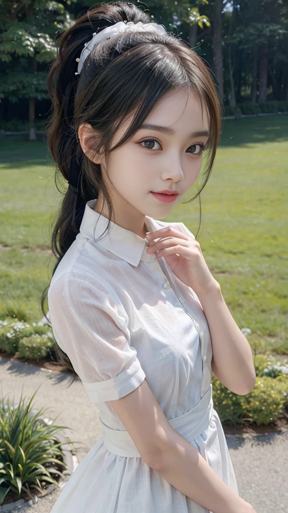 collared dress,European park,On the lawn,One woman,masutepiece, The highest image quality, High quality, the background is clear,Beautiful woman, Japanese,Ultra-detailed, finely detail, hight resolution, 8K Wallpaper, Perfect dynamic composition, Beautiful detailed eyes , Detailed, Detailed eyes, Detailed skin, Beautiful skin, 超hight resolution, (reality: 1.4),Very beautiful woman, Slightly younger face, Beautiful skin, slender, (Ultra photo realsisim), (hight resolution), (8K), (Very detailed) (beautifully detailed eyes), (super detailed), (Detailed face), view the viewer, Fine details, Detailed face, Staring straight ahead, Staring straight ahead, photos realistic, Bright lighting, Professional Lighting, Black hair,poneyTail,a baby face,sixteen years old,Hairstyle: ponytail,Long ponytail hairstyle,slight smile,neat and tidy clothing,Beautiful Japanese KPOP idol photo, hair style is ponytail, my eyes are double and wide, baby face, smile and look straight ahead, slender, small breasts,Close up face,