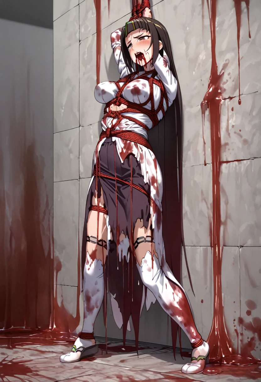 ((Yatsu Murasaki)),Full Body,((Bloody clothes,,blood is flowing from the mouth,Weakened woman,arms up,shibari,Infusion,