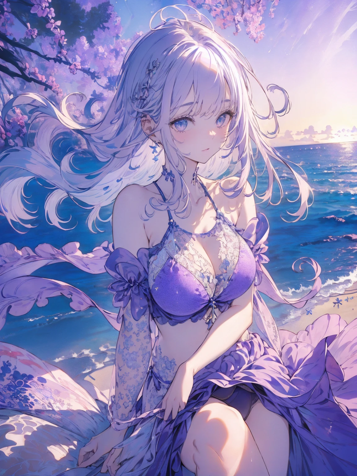 (seaside photo:1.1, in blue marine:1.5), Masterpiece, best quality, (very detailed CG unity 8k wallpaper), (best quality), High definition RAW color art, Animation,sculptures, (pink Marble Skin), (((Ultra detailed elegant))), Magical atmosphere, Detailed skin, Texture,(Intricately detailed, Fine detail, ultra-detail art), depth of fields, bokeh, Silky Touch, Hyper Detail, beautiful eyes, Elegant Face, (lying on pastel purple waterfront), sparkle background, enormous breast:1.3, (silver hair), pastel purple, fat, embarrassing red face, wide open udder, shorthair, Round Glasse:1.4, bikini