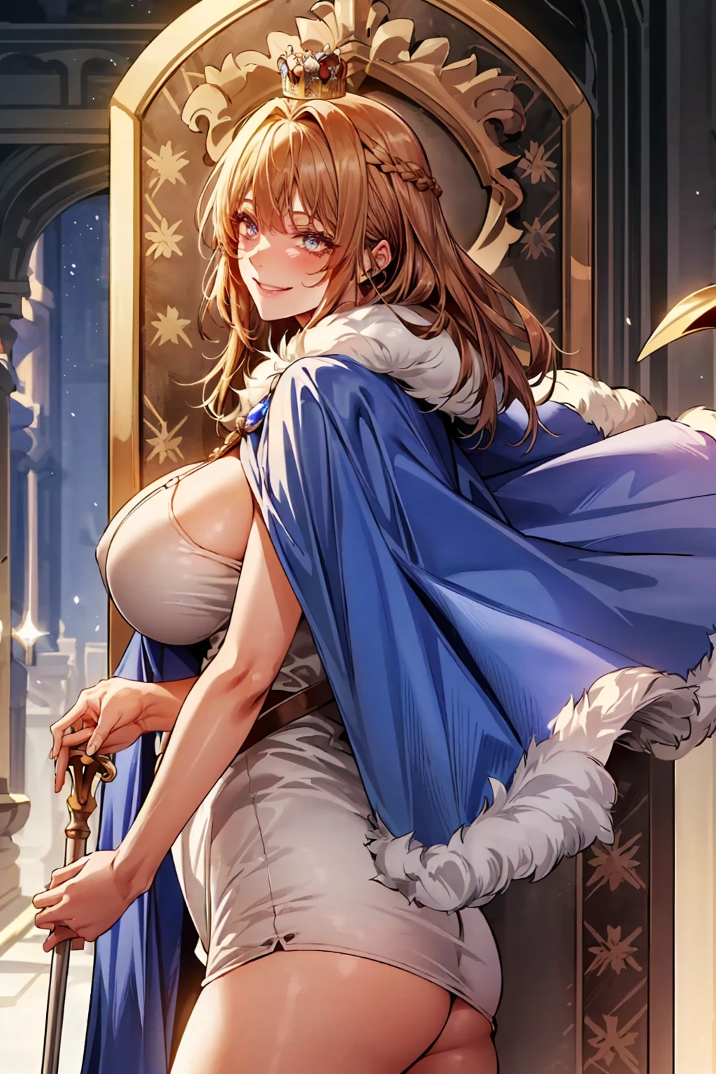 (UHigh resolution, retina, masterpiece, Accurate, Anatomically correct, Rough skin, Very detailed, Advanced Details, high quality, 最high quality, High resolution, 1080P, High resolution, 4K, 8K, 16K), (Beautiful and beautiful eyes, Beautiful lip detail, Very detailed目と顔), Studio Lighting, Physically Based Rendering, Bright colors, (Big Breasts, super Big Breasts, super extra Big Breasts, Glamorous Body), (Crown, Luxurious royal blue cape, White fur, gem, Decorations, royal coat of arms, Take Scepter:1.5), (Portraiture, Blonde, Shiny Hair, Shiny skin), (Bokeh), (incline one's head to the side:1.5), Eye Reflexes, (smile, Cowboy Shot:1.5),