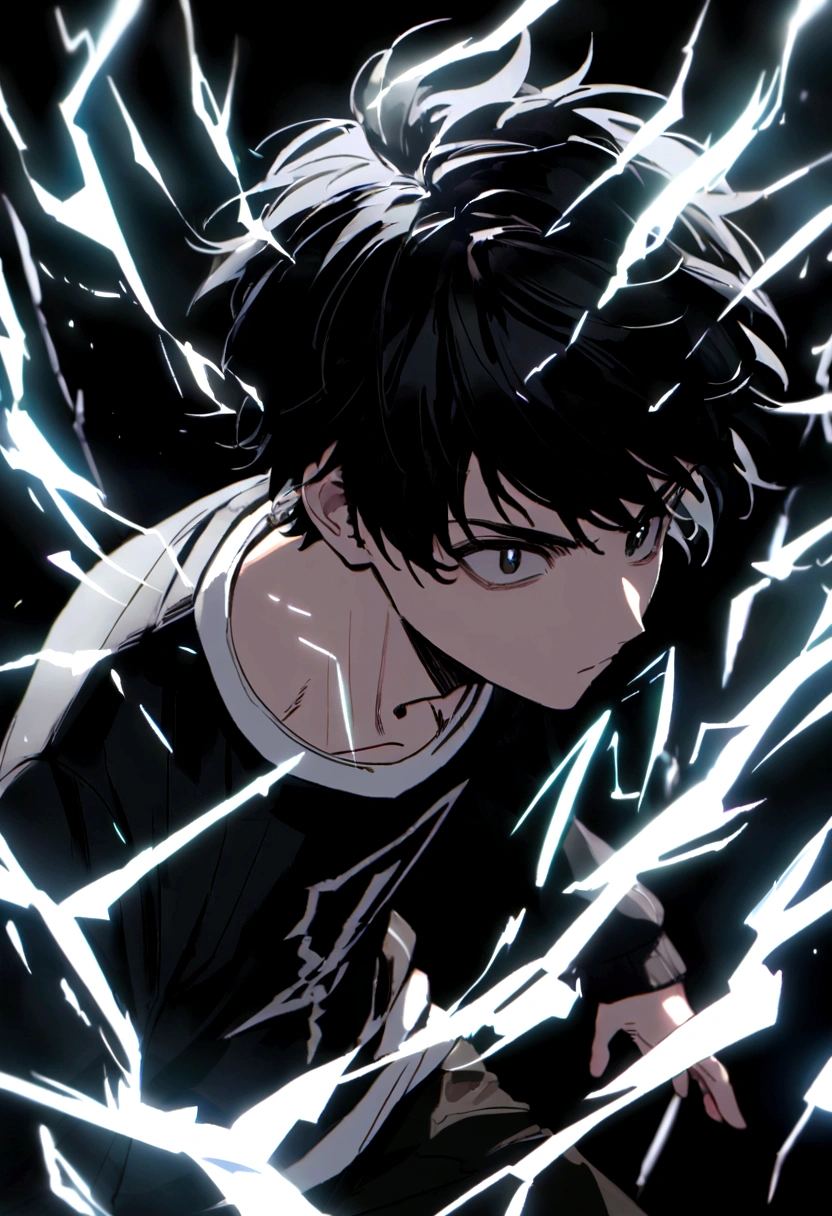 Man 17 years old Long black hair black and white sweatshirt with electricity on his body