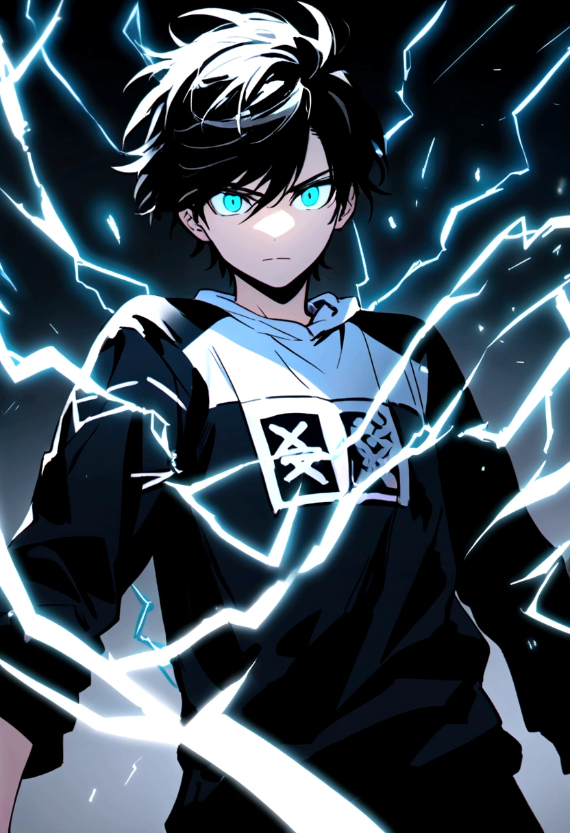 Man  Long black hair black and white sweatshirt with electricity on his body