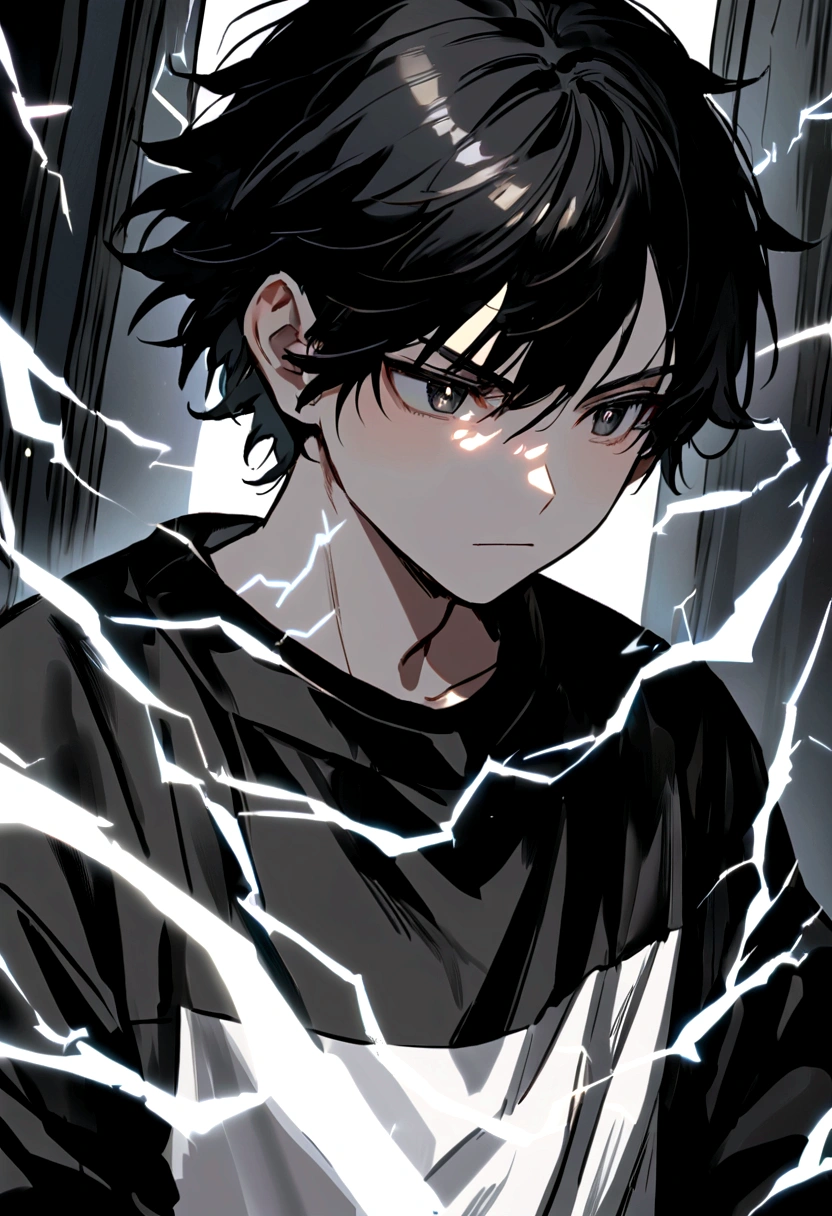 Man 17 years old Long black hair black and white sweatshirt with electricity on his body