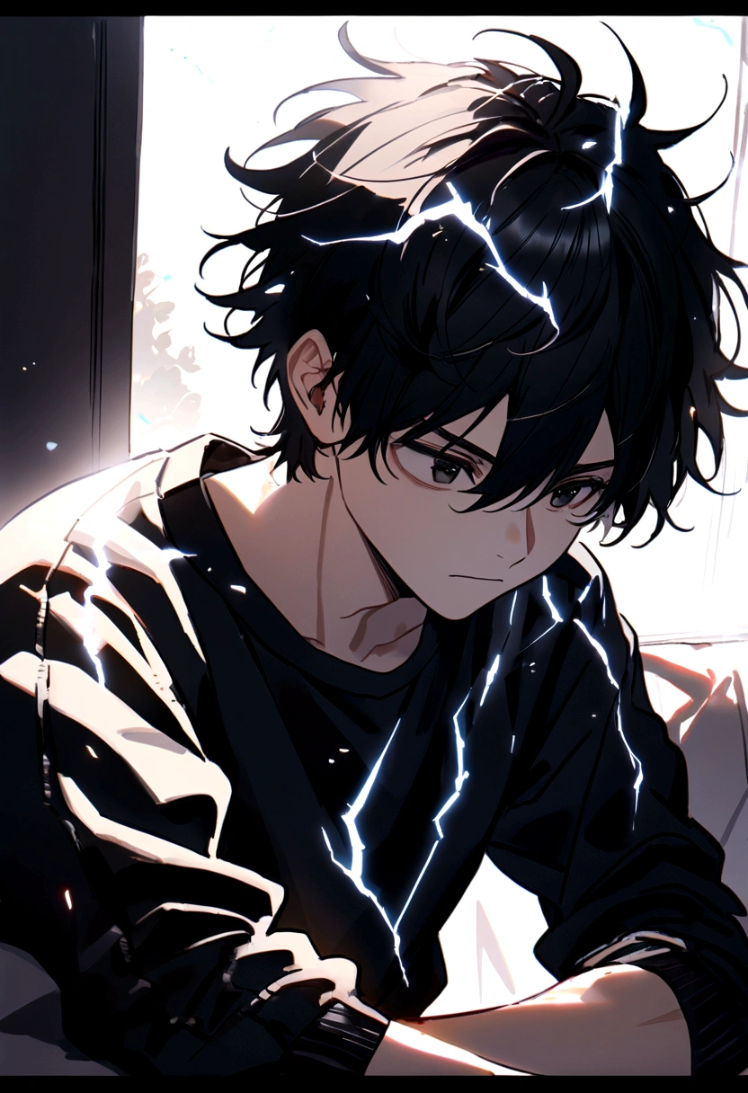 Man 17 years old Long black hair black and white sweatshirt with electricity on his body