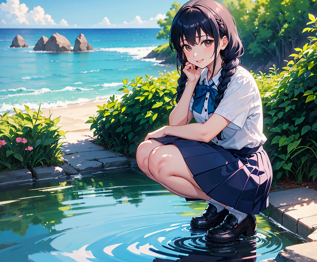 master piece, extremely detailed, high resolution, Makoto Shinkai style, high school girl, short sleeve shirt, blue bow tie, checkered mini skirt, elbows at sides, arms clenched, blue hair, glossy plump lips, pink lips, glossy hair, stone steps in the background of a park with an ocean view, blue summer sky, mouth closed and happy expression, medium long hair, braids, ribbon hair accessory, curious eyes, brown eyes, mid-bust, slim waist, upper body only, girl reflected in puddle, squatting over puddle, fullbody, wearing loafers,