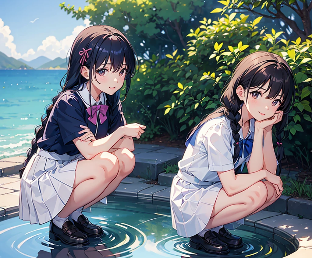 master piece, extremely detailed, high resolution, Makoto Shinkai style, high school girl, short sleeve shirt, blue bow tie, checkered mini skirt, elbows at sides, arms clenched, blue hair, glossy plump lips, pink lips, glossy hair, stone steps in the background of a park with an ocean view, blue summer sky, mouth closed and happy expression, medium long hair, braids, ribbon hair accessory, curious eyes, brown eyes, mid-bust, slim waist, upper body only, girl reflected in puddle, squatting over puddle, fullbody, wearing loafers,