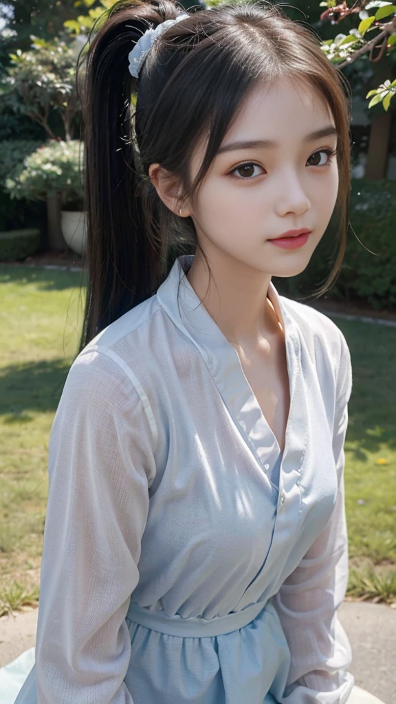 collared dress,European park,On the lawn,One woman,masutepiece, The highest image quality, High quality, the background is clear,Beautiful woman, Japanese,Ultra-detailed, finely detail, hight resolution, 8K Wallpaper, Perfect dynamic composition, Beautiful detailed eyes , Detailed, Detailed eyes, Detailed skin, Beautiful skin, 超hight resolution, (reality: 1.4),Very beautiful woman, Slightly younger face, Beautiful skin, slender, (Ultra photo realsisim), (hight resolution), (8K), (Very detailed) (beautifully detailed eyes), (super detailed), (Detailed face), view the viewer, Fine details, Detailed face, Staring straight ahead, Staring straight ahead, photos realistic, Bright lighting, Professional Lighting, Black hair,poneyTail,a baby face,sixteen years old,Hairstyle: ponytail,Long ponytail hairstyle,slight smile,neat and tidy clothing,Beautiful Japanese KPOP idol photo, hair style is ponytail, my eyes are double and wide, baby face, smile and look straight ahead, slender, small breasts,Close up face,