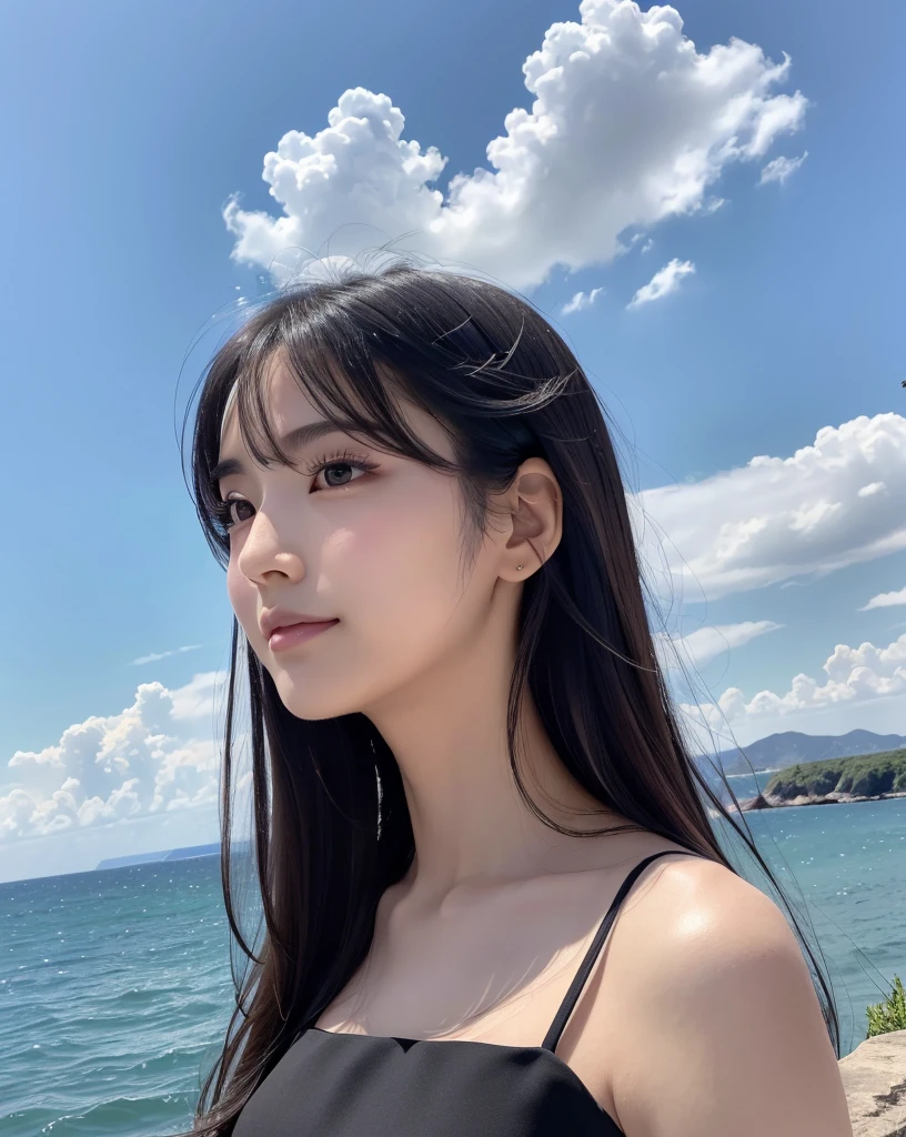 (Highest quality, 32k, High resolution, Masterpiece:1.5, ), marimo_jet, god々A photograph with brilliant brilliance and the power of nature., Expressing emotions, Have a rich imagination, Beautiful Japanese Girls, An exceptionally beautiful face, Small Face Beauty, ((Profile gazing at the horizon:1.3)), Perfect Human Anatomy, Magical big eyes, Motherhood and generosity, Deep Love, fleeting smile, Shiny black hair, Beautiful super long hair swaying in the wind, Asymmetrical bangs, Hair between the eyes, Transparent, soft white skin, Sharp eyebrows, Thin lashes, Natural Makeup, Cheek highlighter, Pale pink detailed lips, (High-quality black dress:1.3), ((High resolutionの美しい太もも, Beautiful legs), ((The land stretches to the distant horizon:1.5)), ((Gazing at the horizon from the ledge:1.3)), Beautifully detailed skies, Professional Photographer, Professional Lighting, Professional Model
