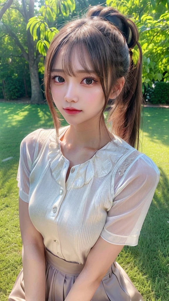 One piece with collar,outdoors,Urban Park,On the lawn,Ultra-detailed, finely detail, hight resolution, 8K Wallpaper, Perfect dynamic composition, Beautiful detailed eyes,Outdoor,Close-up of face,Outdoor,Blushing,Facing forward,,Long hair ponytail,((8k, Raw photo, Best Quality, Mastepiece:1.2), (Realism, Photorealistic:1.4), (Highly detailed 8K wallpapers), Depth of written boundary, Cinematic Lighting, Soft Light, Detailed Beauty Eye,Shiny and smooth light brown ponytail, Asymmetrical bangs, Shiny skin, Ultra-detailed skins ,It is high resolution., High detail, Detailed hairstyle, Detailed facial beauty, Hyper-realistic, Perfect limbs, Perfect Anatomy ,1 Japanese girl,Famous Japanese Idols, Perfect female body,A shy smile,Short eyelashes,Double-edged eyelids,Look straight here,Hair style: ponytail,