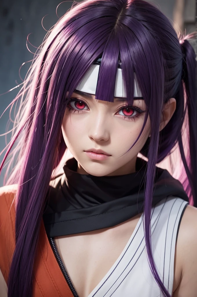 Create a character with the traits of the anime Naruto, long purple hair with bangs, one eye with Sharingan and the other eye with Rinnegan, fair skin.