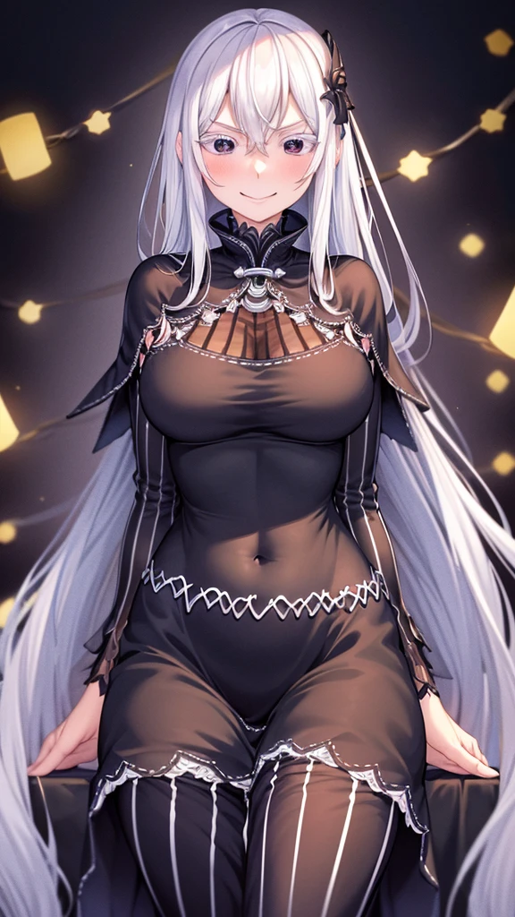 masterpiece)),((Highest quality)),High resolution,Extremely detailed CG,Perfect lighting,8k wallpaper、One Woman, Adult women、alone、Very large breasts、Very large breasts、very thick legs、Looking into the camera、Long black dress、Black clothes、The body line is clear